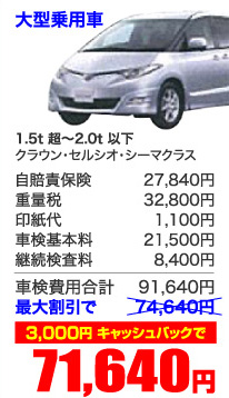 大型乗用車 1.5t 超~2.0t 以下 クラウン・セルシオ・シーマクラス 3,000円 キャッシュバックで 71,640円